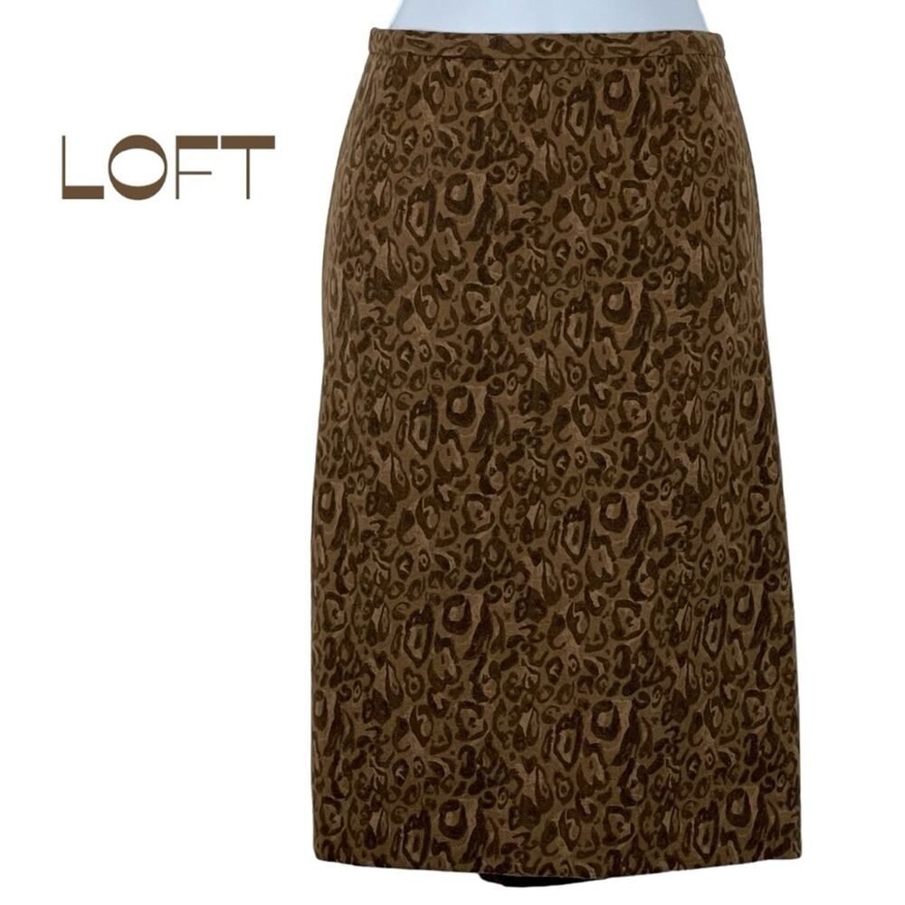 LOFT Brown Tan Animal Print Wool Skirt Size 14 Coastal Grandma CottageCore